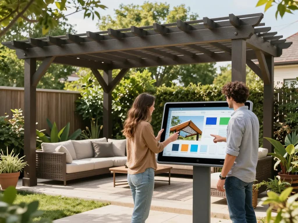 Interaktive Sitzung mit dem 3D Pergola Konfigurator Schweiz, die anpassbare Designoptionen in einer ruhigen Außenumgebung zeigt.