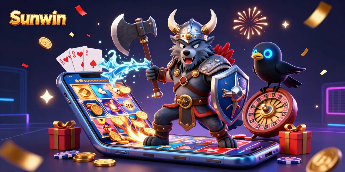 Experience gaming excitement with Sunwin's vibrant slot atmosphere showcasing a Viking warrior, dragon, and 3D casino elements.