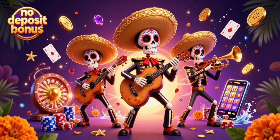 Engage with a no deposit bonus adventure amidst vibrant casino elements and festive characters.