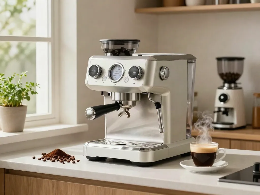 ROKOK88 super espresso machine brewing coffee with stylish kitchen elements.