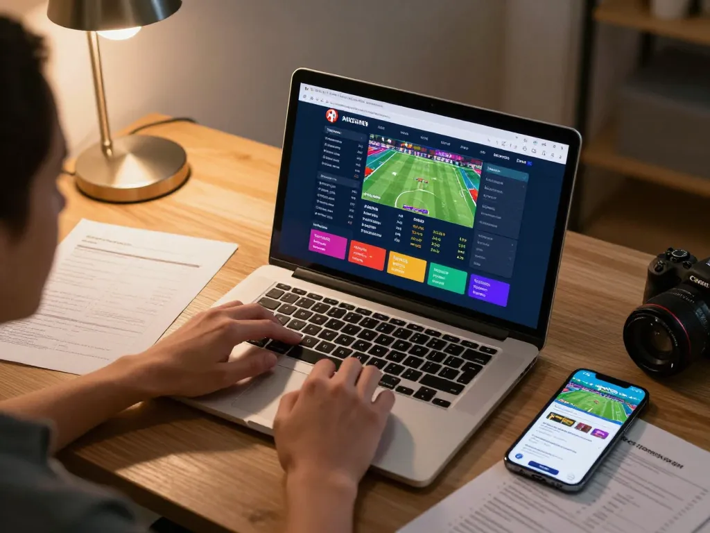 Person analyzing sports betting odds on laptop with Jun88 app visible, promoting responsible gaming.