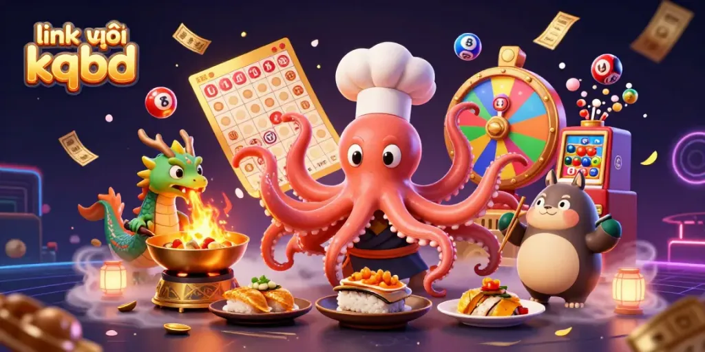 Experience the action of link vào kqbd with a cartoon octopus chef and casino elements for fun.