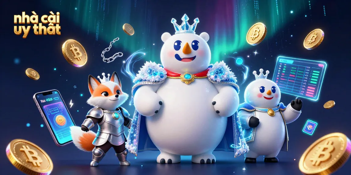 Engage with the reputable house "nhà cái uy tín" in this dynamic 3D casino scene featuring crypto elements.
