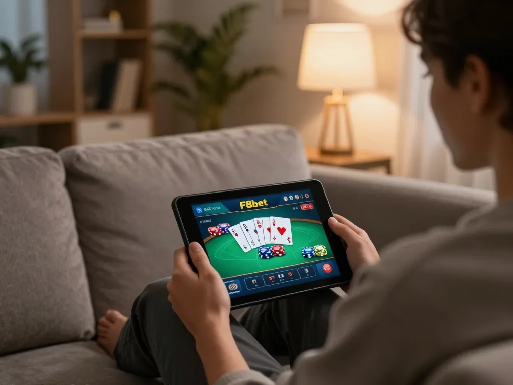 F8bet player engaging in online poker from cozy living space, showcasing strategy and fun