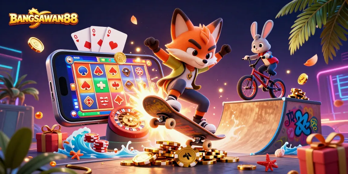 BANGSAWAN88 thrills with a vibrant cartoon scene showcasing a fox performing tricks over golden poker chips amidst dynamic casino elements.
