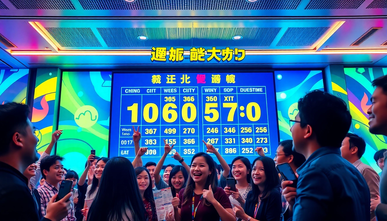 Exciting digital display of china lotto results with players eagerly watching the lottery draw.
