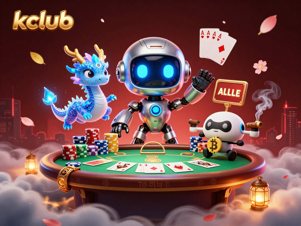 Kclub elevates the online gaming experience with a vibrant scene featuring a cyberpunk robot and dragon companion amidst poker gameplay.