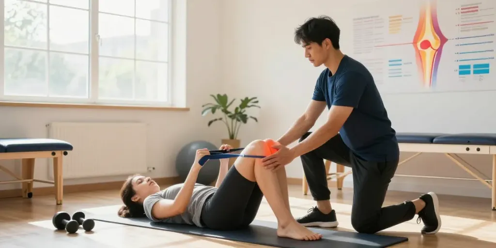 Übung gegen Knieschmerzen in der Physiotherapiepraxis mit Trainer und Patient.