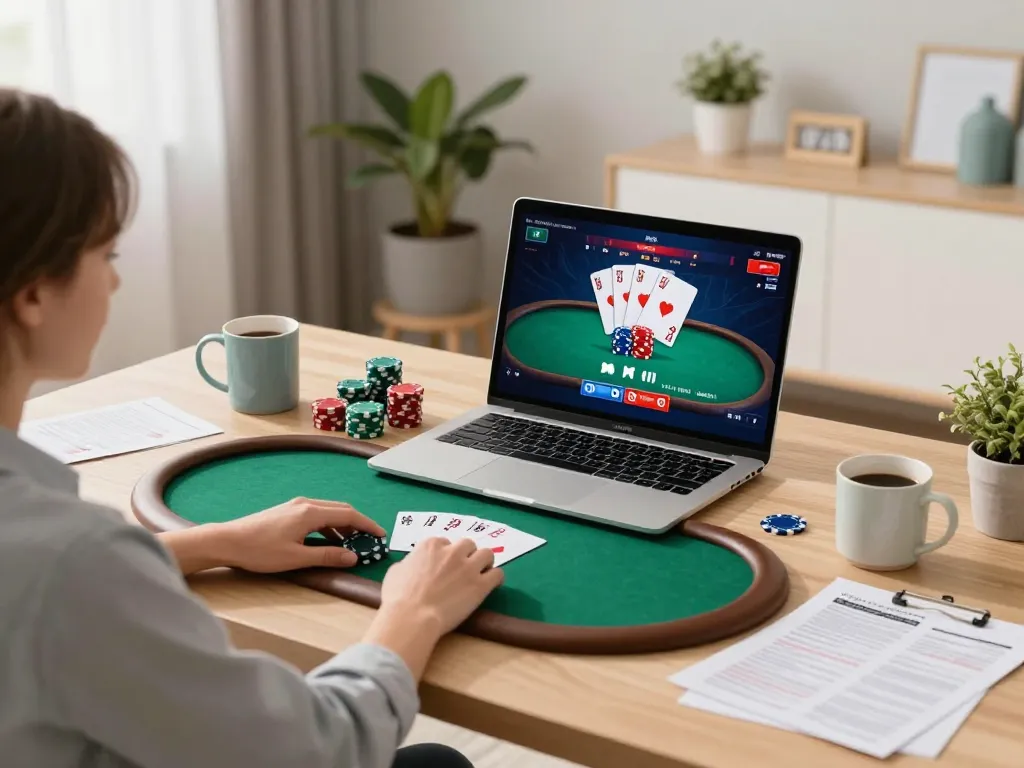 Engaging online casino moment at home showcasing Nhà cái 79KING poker gameplay on a laptop.