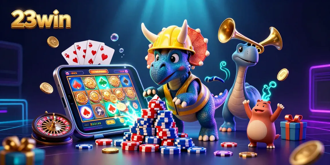 23win offers thrilling gameplay as a triceratops builds a poker chip pyramid in a vibrant casino scene.