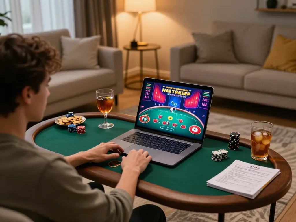 The player engages in an online poker game on 23win with a vibrant laptop display and cozy atmosphere.