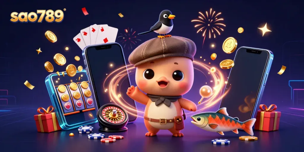 Join the fun with sao789 featuring a playful Nessie, coins, and vibrant slot games.