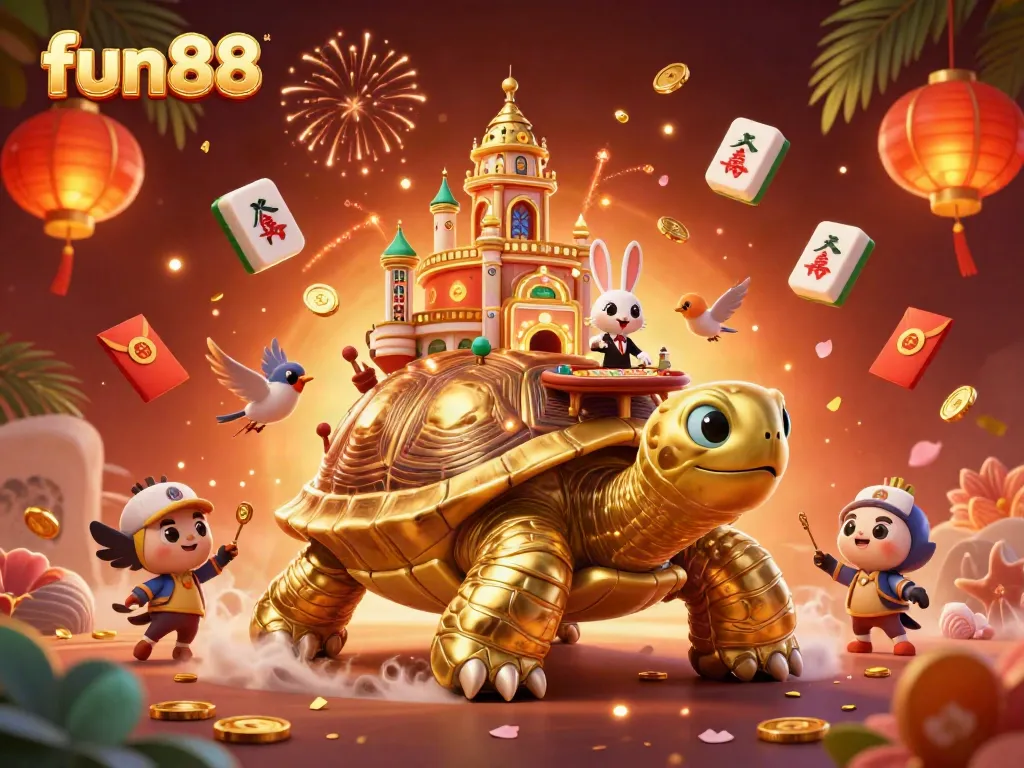 Experience the thrill of fun88 with a giant tortoise casino and a rabbit dealer in vibrant 3D