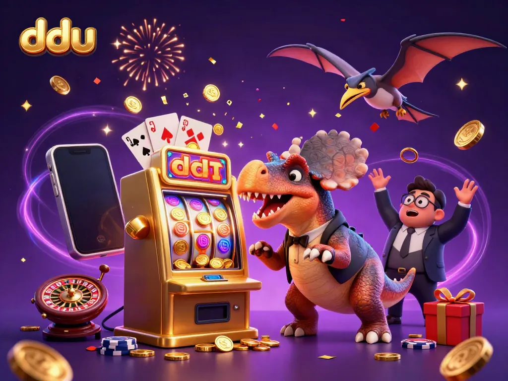 Dduu offers an exciting jackpot experience with a dinosaur-themed casino illustration featuring dynamic casino games.
