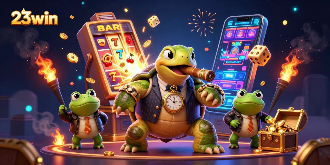 Experience the thrill of 23win with vibrant casino action, featuring a turtle mobster and jackpot excitement.