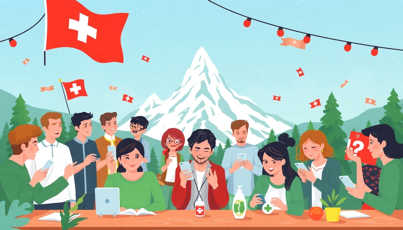 Anschauliche Szene einer vielfältigen Gruppe, die an einem Schweiz-Quiz teilnimmt, mit Schweizer Wahrzeichen und Quiz-Requisiten.