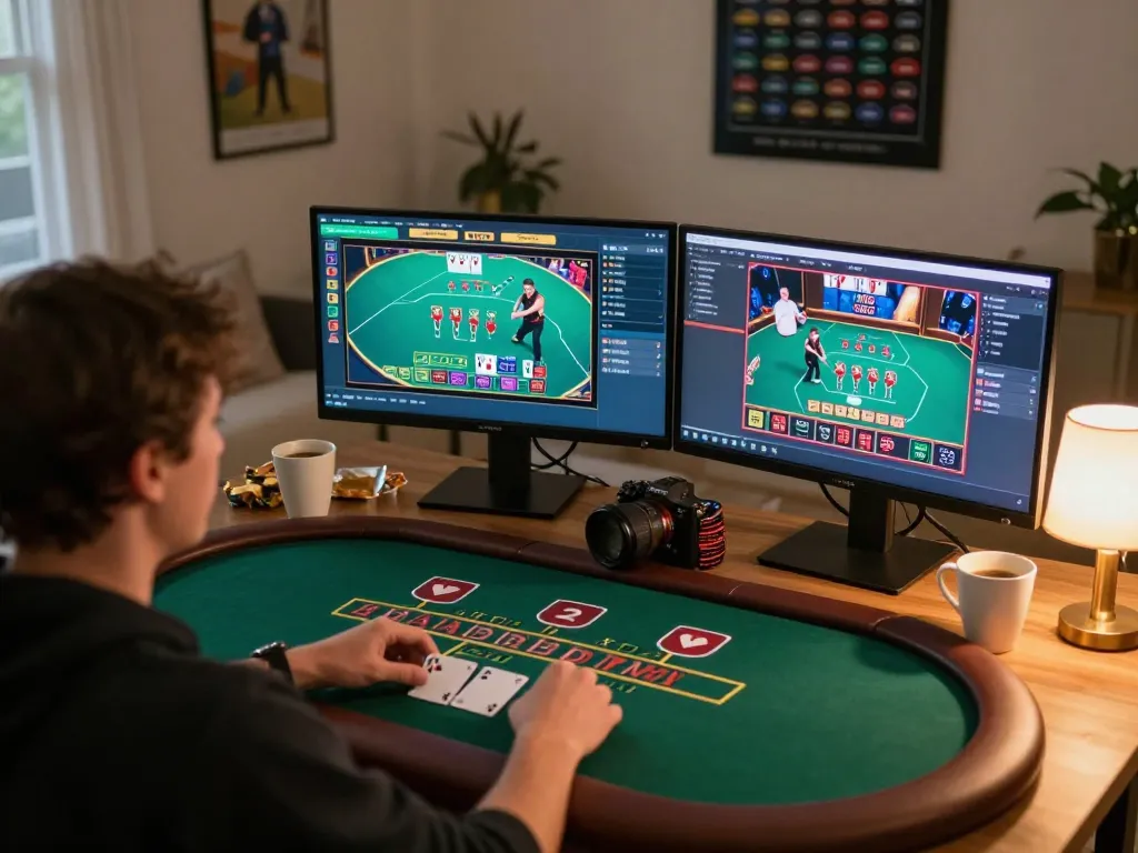 Engaging in live dealer blackjack online at home, showcasing TG88 gaming strategy and excitement.