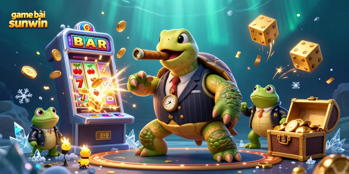 Experience game bài sunwin with vibrant casino elements featuring a fun 3D turtle and enforcers.