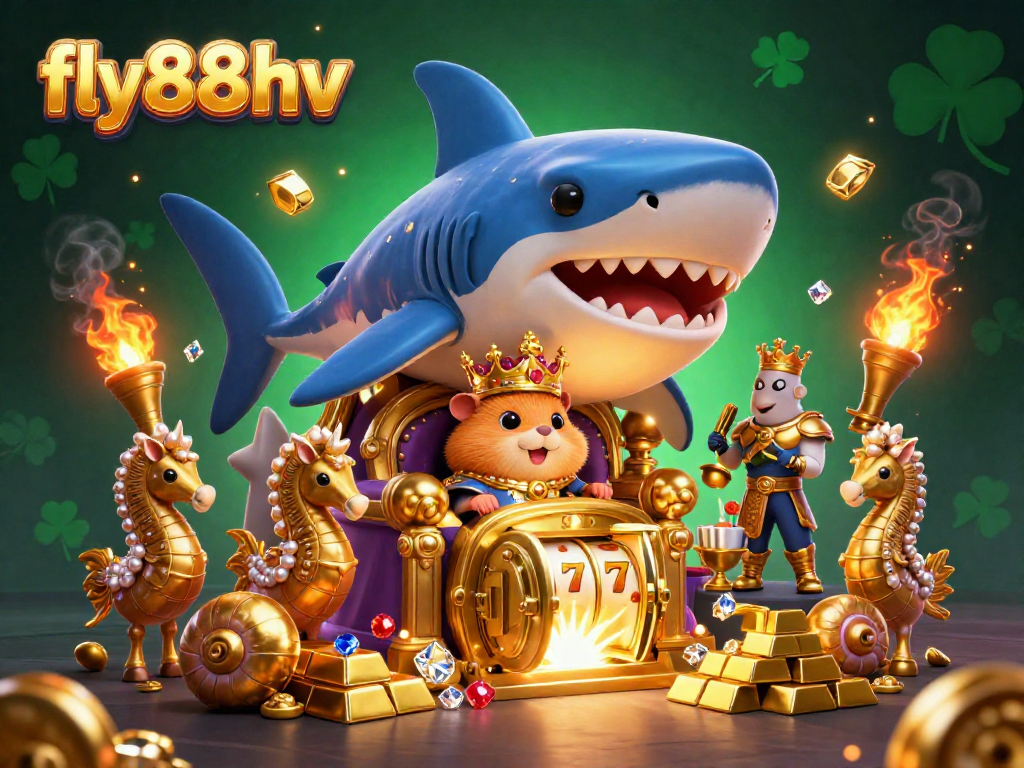 Engage with fly88hv's thrilling online casino experience featuring a golden hamster king on a megalodon throne.
