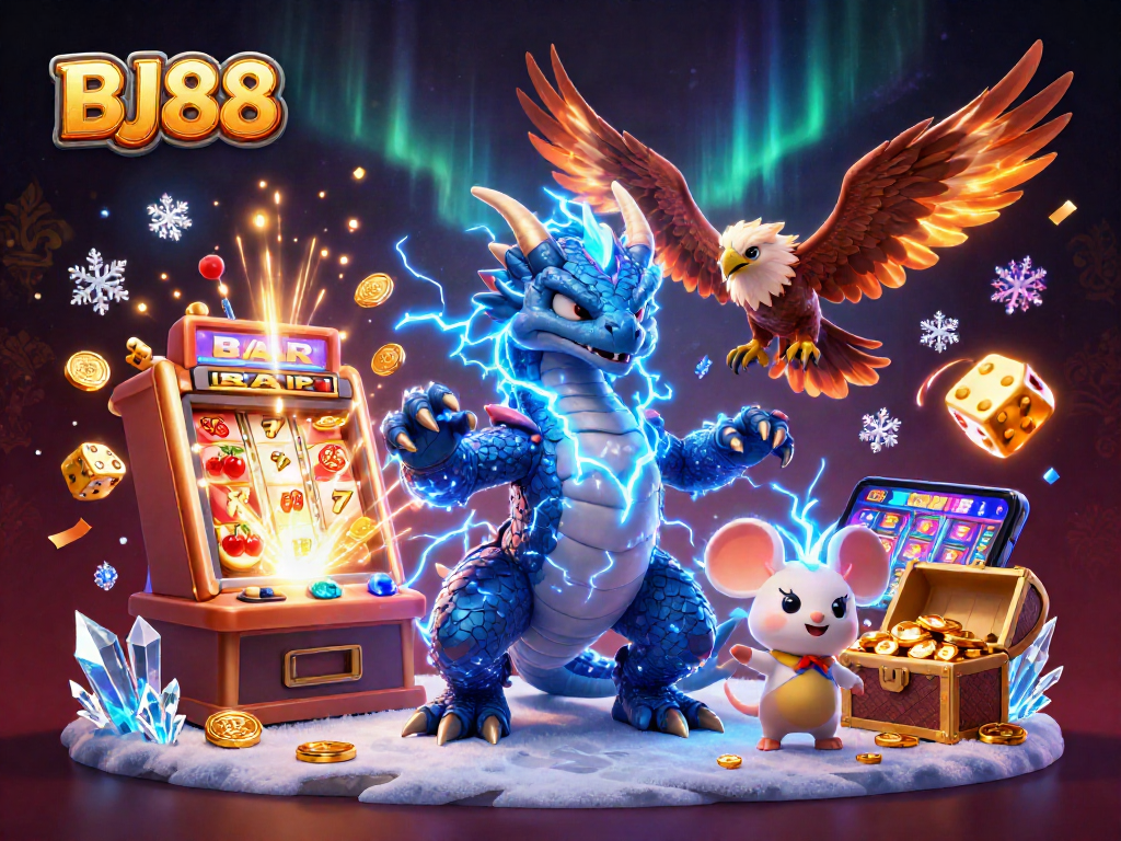 BJ88 showcases an energetic casino scene with a thunder dragon, action-packed slot machine, and vibrant fireworks.