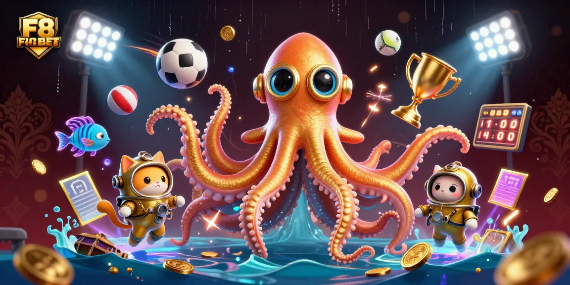 Engage in thrilling gameplay at F8BET, where a kraken, diving cat, and fish evoke an exciting gambling adventure.