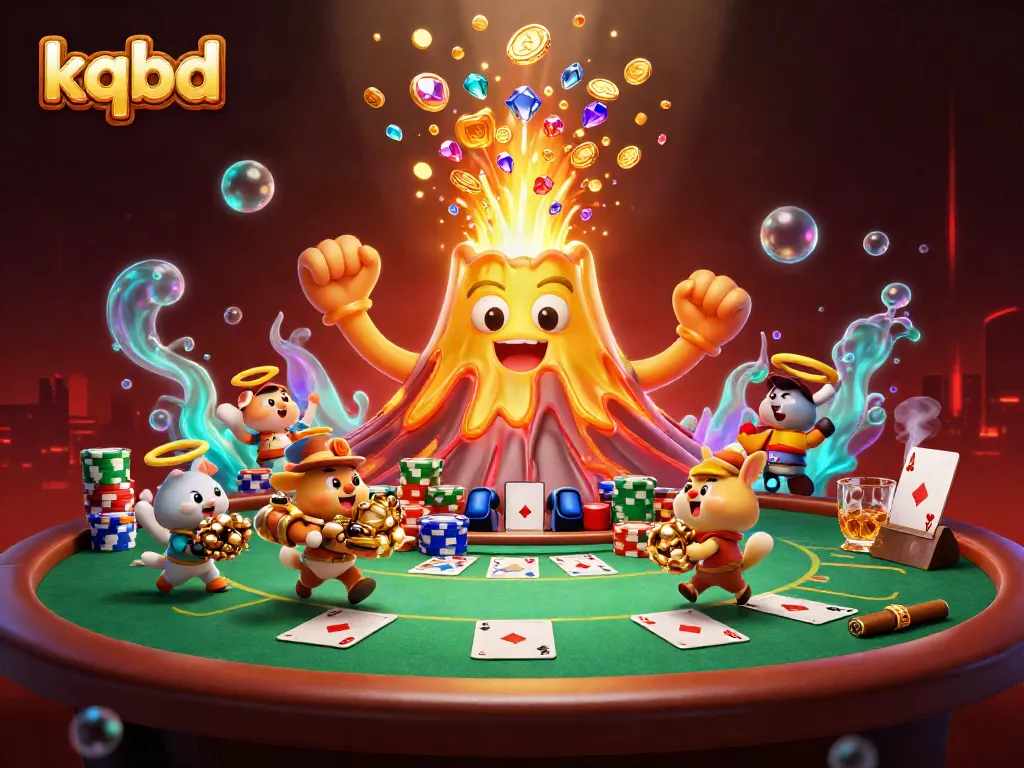 Experience kqbd excitement with a golden volcano erupting treasures, surrounded by poker elements in a vibrant casino scene.