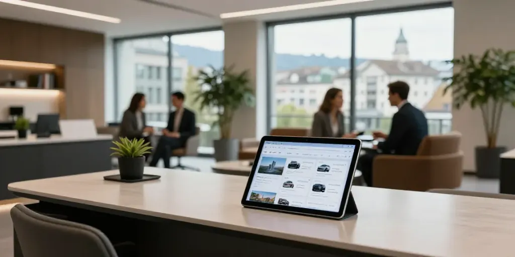 Immobilienmakler Zürich professioneller Arbeitsplatz mit modernem Design und digitaler Plattform.