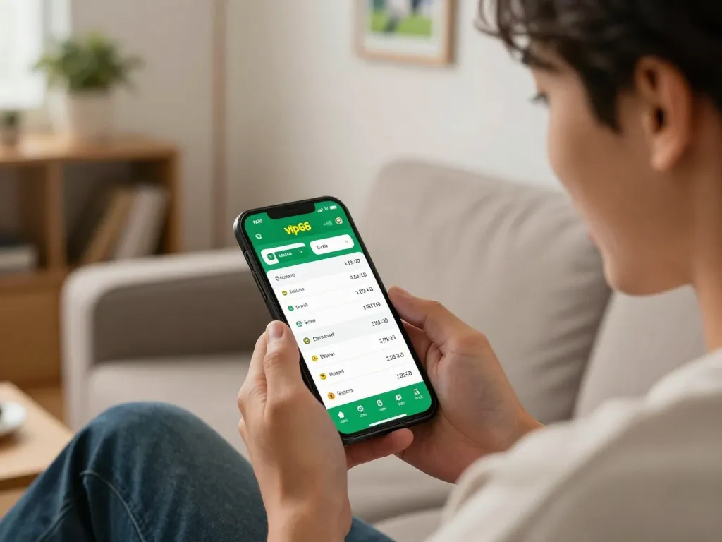 Place live bets on vip66 using a smartphone in a cozy modern living room setting.