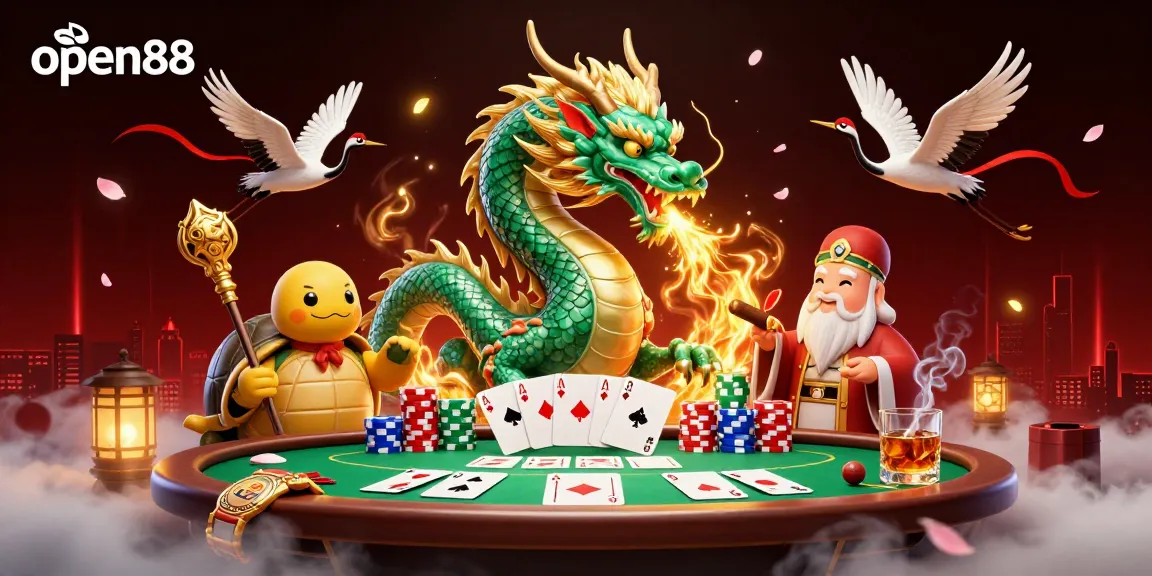 Experience the exciting world of open88 with a 3D rendering of a dynamic casino scene filled with dragons, cards, and poker chips.