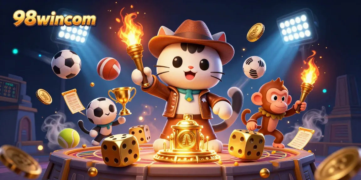 98wincom explores a vibrant casino world, showcasing dynamic sports betting excitement and premium game elements.