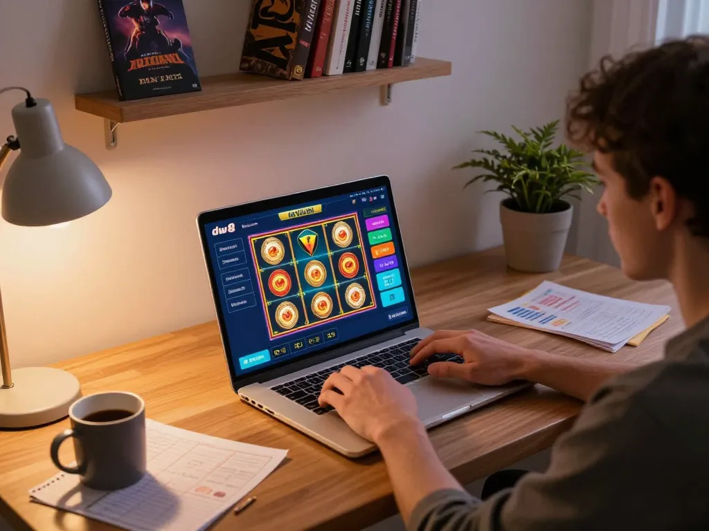 Player engaging with the dw8 online casino interface on a laptop for thrilling gaming action