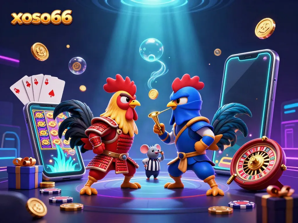 Experience thrilling gameplay at xoso66 with fighting roosters amid colorful casino elements.