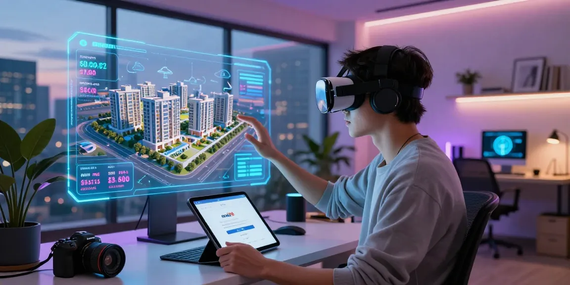 Engaging user exploring virtual real estate with rokok88 link login interface in a modern home office.