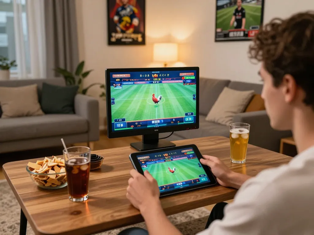 Engaging scene of a live video đá gà cpc3 stream on a tablet, highlighting the excitement of online betting in a cozy home