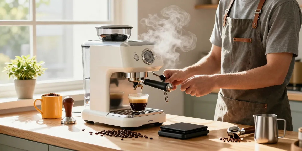Home barista using the rokok88 super espresso machine for perfect coffee brewing, surrounded by fresh beans and accessories.