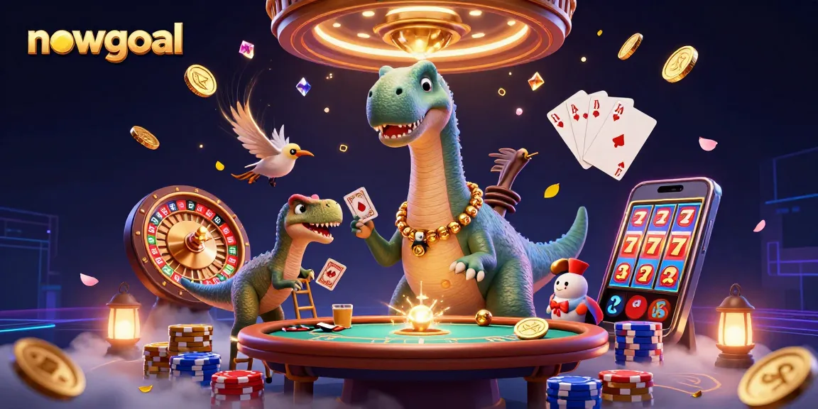 Engage with real-time scores on Nowgoal, featuring a whimsical brontosaurus and clever raptor in a casino setting.
