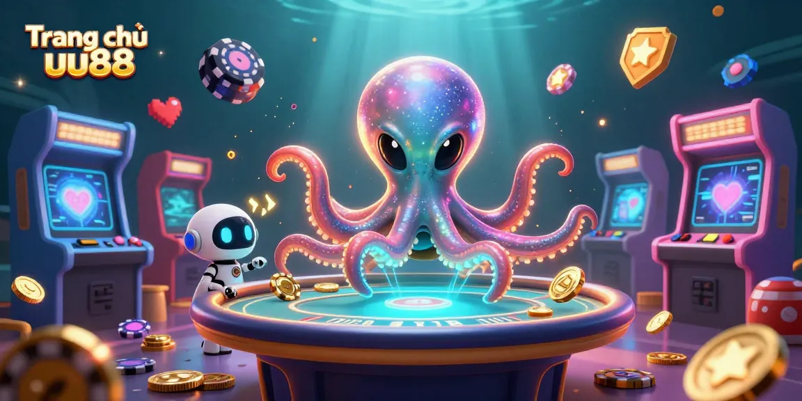 Engage with Tran chủ uu88 as a vibrant alien octopus showcases its poker skills in a dynamic casino scene.