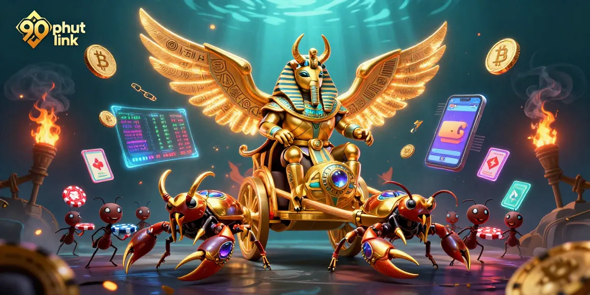 Bet on victory with 90phut link, featuring a golden beetle alongside crypto coins and poker chips.