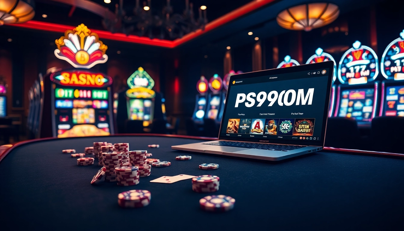 Gambling atmosphere with PS99COM interface on a modern laptop beside a luxurious poker table.