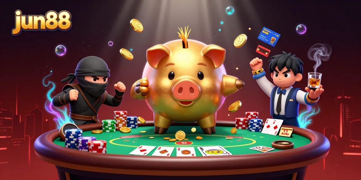 Unleash excitement at jun88 while the sumo wrestler shakes golden coins in a dynamic poker scene.