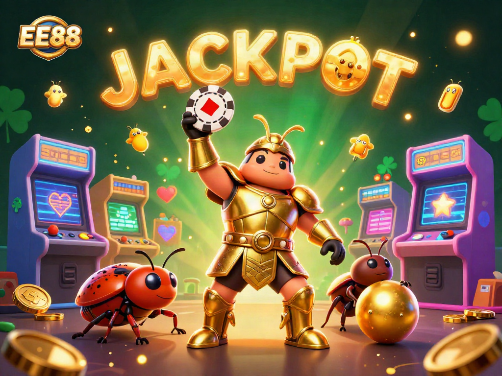 Engage in the EE88 online casino experience with a victorious beetle character and glowing jackpot elements.