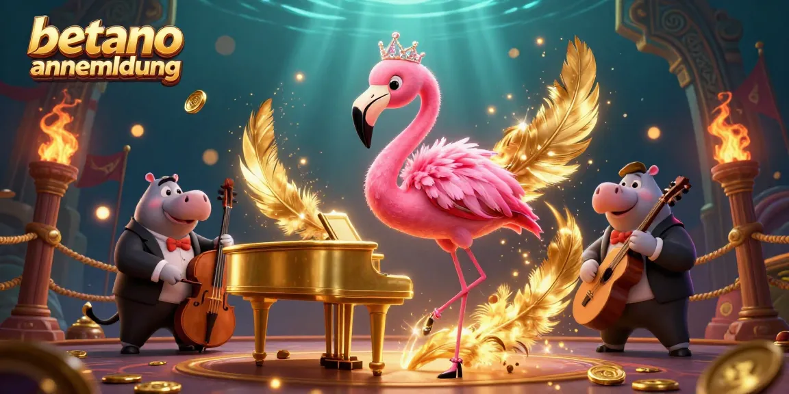 Illustration zur betano anmeldung in einem dynamischen Casino-Setting mit einem Sänger, einem Bassisten und vielen VIP-Spiel-Elementen.