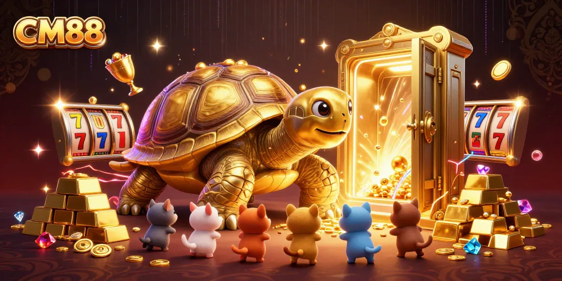 Experience the excitement at CM88's vibrant casino environment with a golden tortoise and joyous animals playing slots.
