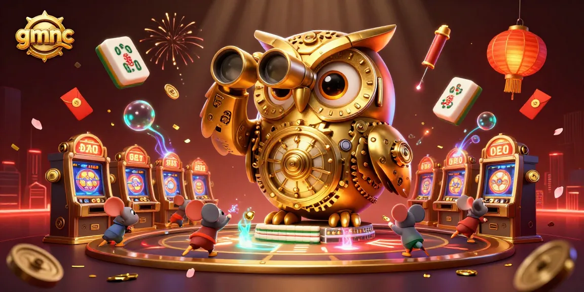 Experience thrilling gameplay with gmnc as a golden owl oversees a bustling casino scene filled with excitement.