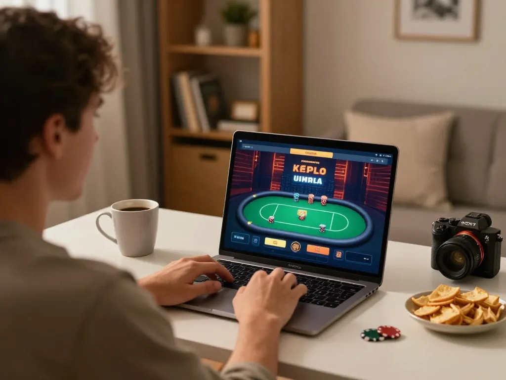 lc88 win displayed on tablet screen while engaged in online poker from a cozy home setting