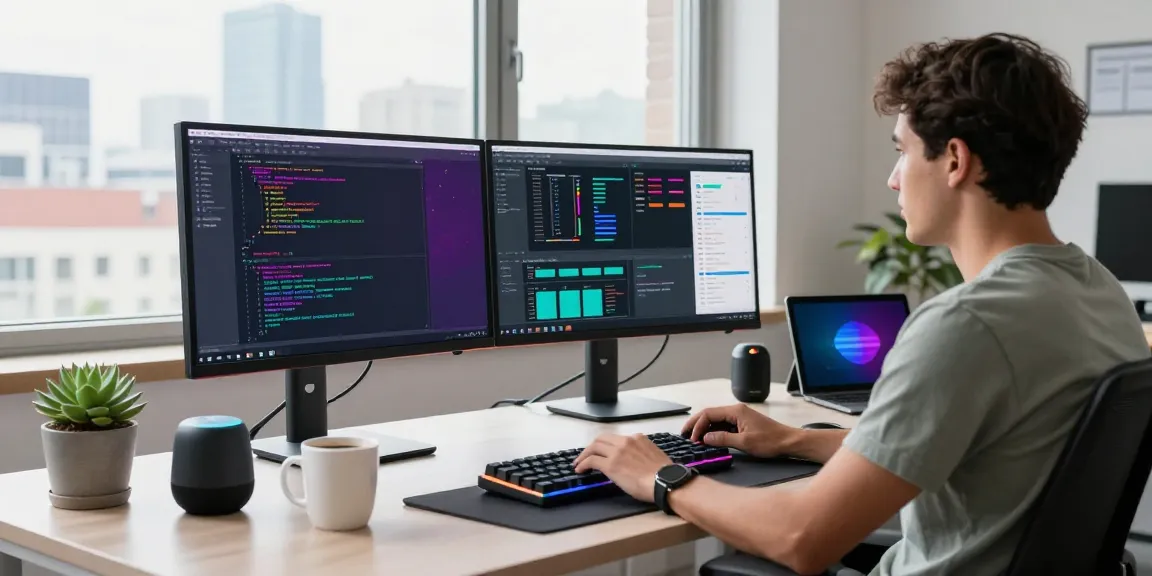 WPS Download software development workspace with monitors, code, and gadgets