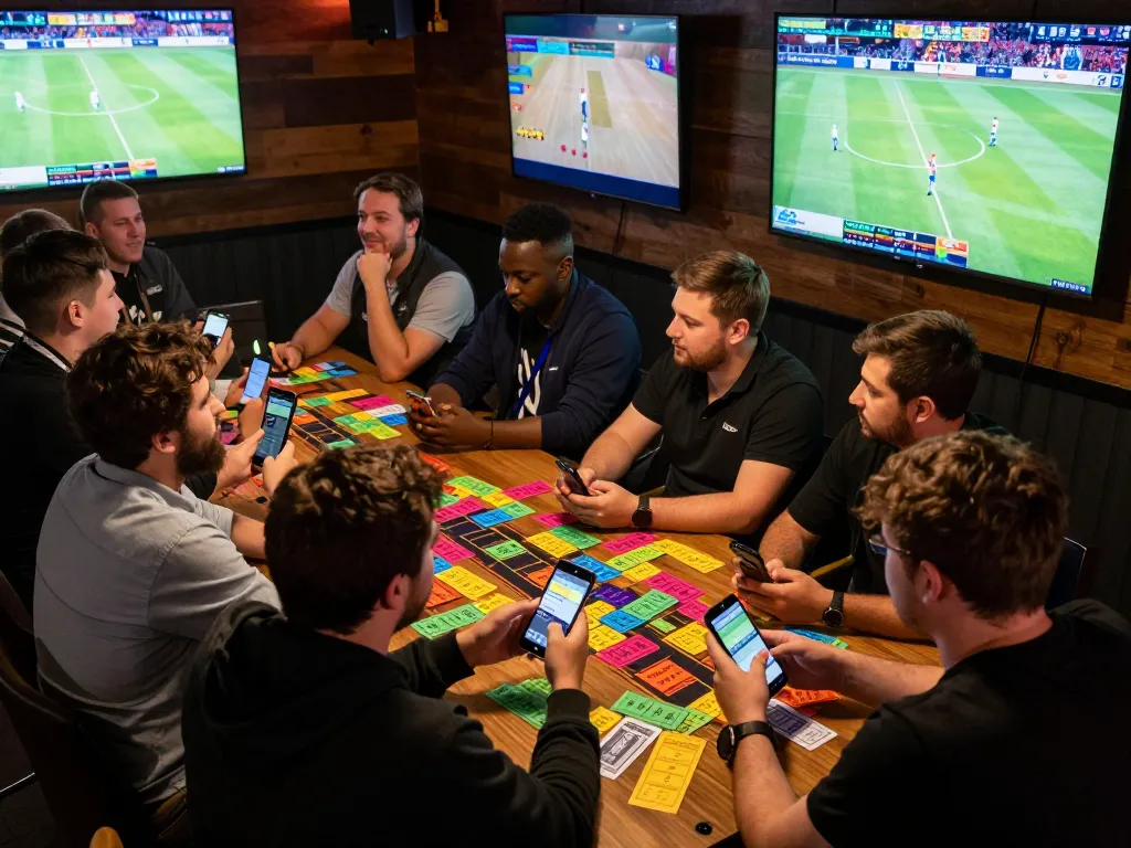 Engaging sports betting scene showing fans excitedly placing bets while monitoring tỷ lệ kèo nhà cái on smartphones in a vibrant atmosphere