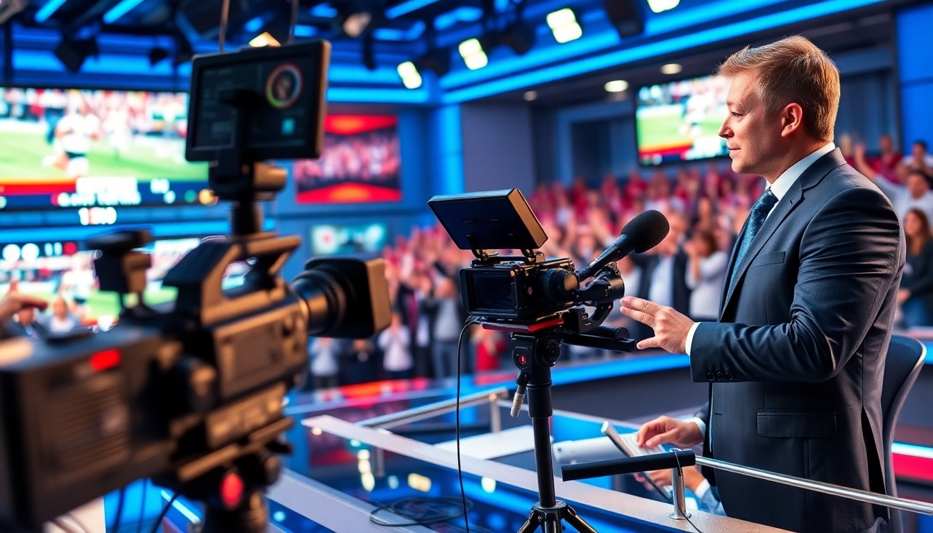 Engaging sports broadcasting scene with a dynamic anchor delivering live updates.