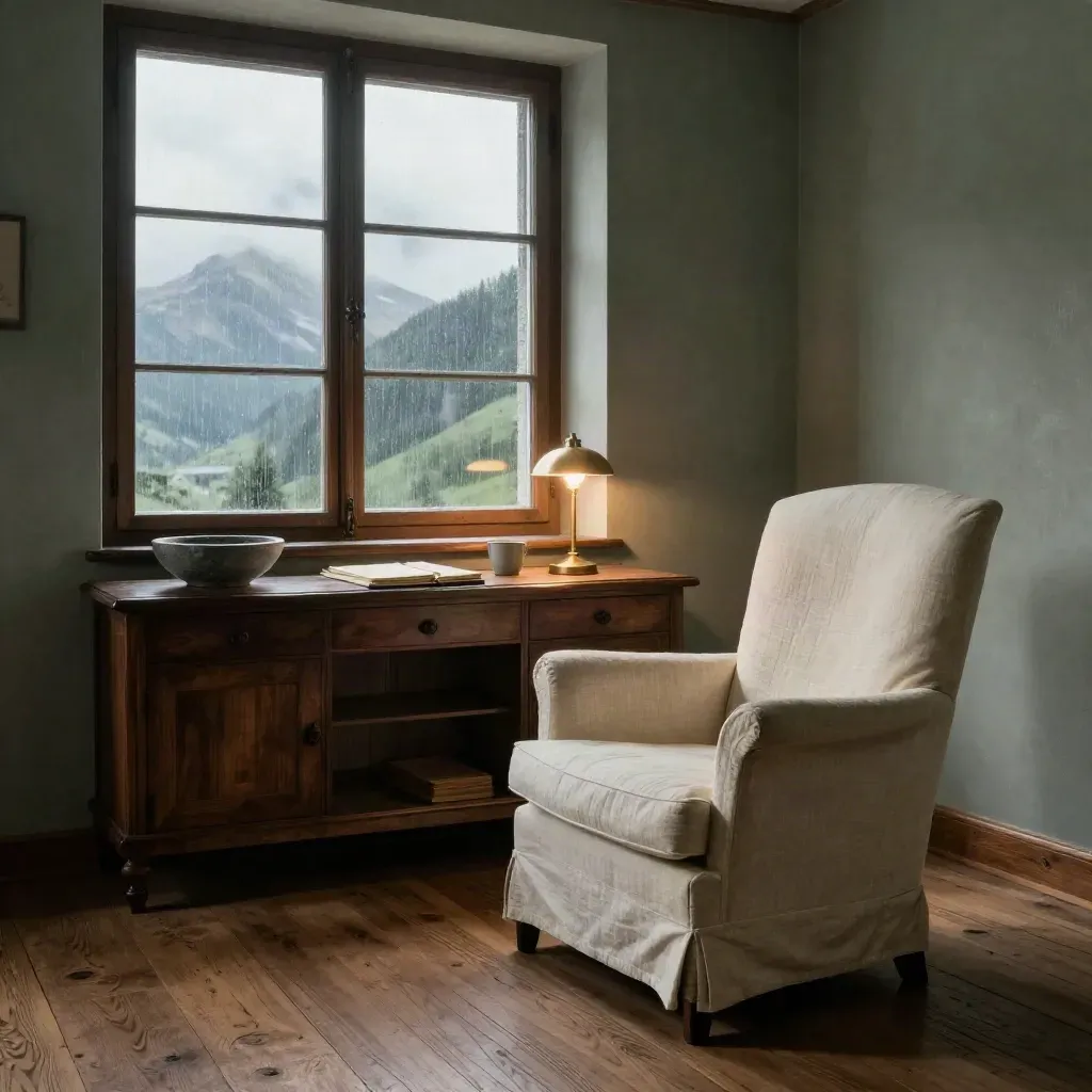 Leerer Coaching-Raum mit Leinenstuhl, Holzkonsole und Alpenlicht am Fenster.