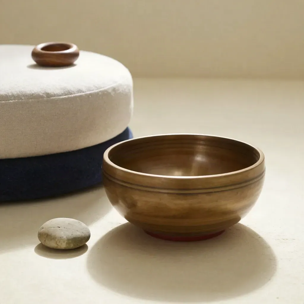 Meditationsschale, Kissenhocker, Holzring und Stein auf hellem Kalkputz, ruhig beleuchtet.